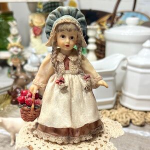 VTG Porcelain Girl Figurine with Basket of Red Apples